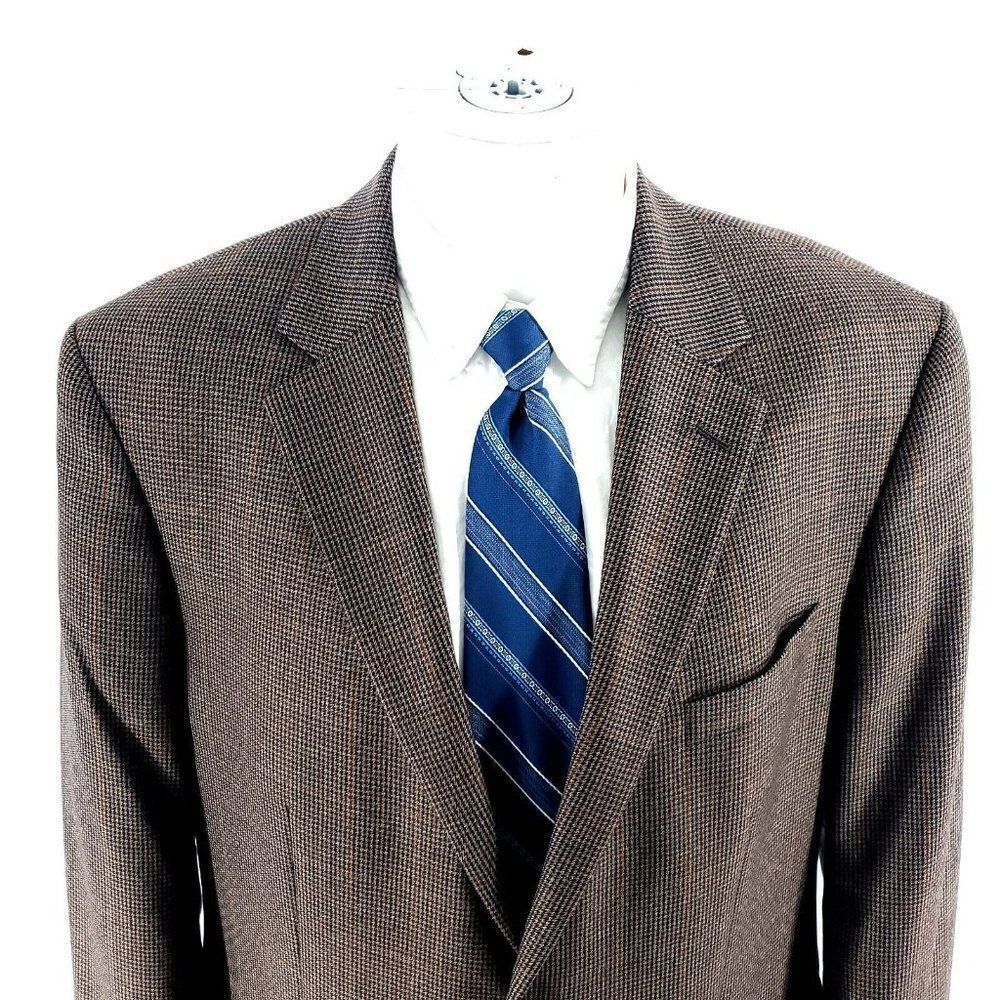 Nautica Wool 2 Button Sport Coat 44R Beige Blue Brown Houndstooth Windowpane